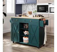 Îlot de cuisine mobile avec plateau de travail rabattable, armoire et étagère verticale, couleur verte