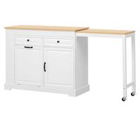 Îlot de cuisine mobile avec plateau repas extensible, compartiment pour poubelle, tiroirs, structure autoportante sur roulettes, fabriqué en MDF et en panneaux de particules, de couleur blanche