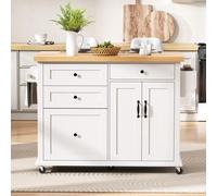 Îlot de cuisine mobile blanc à roulettes. Table extensible et tiroirs multifonctionnels.