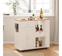 Îlot de cuisine mobile blanc avec plateau en chêne – Rangement modulable, tiroirs et étagères ouvertes, pratique et robuste