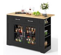 Îlot de cuisine mobile de 120 cm, table à manger pliante, étagère ouverte, prises AC et USB, porte en verre, surface en stratifié réglable, roulettes avec freins.