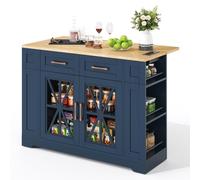 Îlot de cuisine mobile de 120 cm, table à manger pliante, étagère ouverte, prises AC et USB, porte en verre, surface en stratifié réglable, roulettes avec freins.