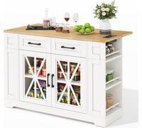 Îlot de cuisine mobile de 120 cm, table à manger pliante, étagère ouverte, prises AC et USB, porte en verre, surface en stratifié réglable, roulettes avec freins.