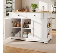 Îlot de cuisine mobile, dimensions 151,5 x 84,7 x 91,7 cm, avec une plaque latérale rabattable, des prises électriques, 2 tiroirs, 6 compartiments de rangement et des roulettes de blocage, couleur bla
