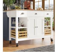 Îlot de cuisine mobile, double porte et trois tiroirs, buffet moderne et élégant, équipé de paniers coulissants en pin, blanc.