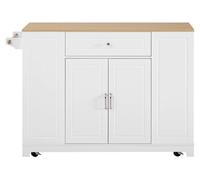 Îlot de cuisine mobile - Îlot de cuisine sur roulettes - Zone repas extensible - Tiroirs multifonctionnels - Poubelle intégrée - MDF - Blanc