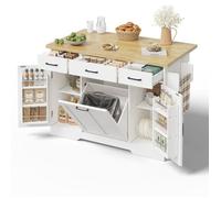 Îlot de cuisine mobile - LINHOO - 120 x 45-70 x 87 cm - Plan rabattable - Poubelle intégrée - Tiroir et roulettes