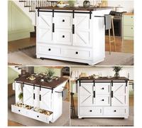 Îlot de cuisine mobile - LINHOO - 142,5 x 45/73 x 92,5 cm - MDF et métal blanc - Plateau rabattable, 3 tiroirs