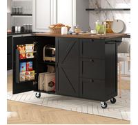 Îlot de cuisine mobile multifonction avec plan de travail extensible - Buffet/chariot finition bois, 2 portes et 3 tiroirs, noir