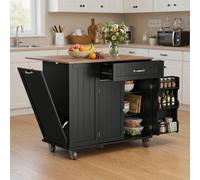 Îlot de cuisine mobile, plateau de travail pliable en bois massif, avec compartiment poubelle, casier à vin latéral, porte-couteaux, porte-essuie-tout, roulettes multidirectionnelles, buffet de cuisin