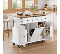 Îlot de cuisine mobile sur roulettes, avec espace repas extensible, compartiment pour poubelle et tiroirs, idéal pour la cuisine et la salle à manger (blanc)