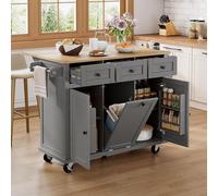 Îlot de cuisine mobile sur roulettes, avec espace repas extensible, compartiment pour poubelle et tiroirs. Îlot de cuisine mobile pour cuisine et salle à manger (gris)