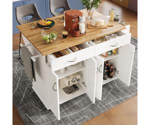 Îlot de cuisine moderne blanc (106 × 50 × 90,5 cm) avec finition imitation bois. Table multifonctionnelle avec espace de rangement.
