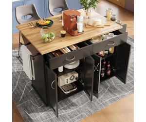 Îlot de cuisine moderne noir (106×50×90,5 cm) avec finition imitation bois. Table multifonctionnelle avec espace de rangement.