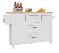 Îlot de cuisine multifonction en blanc avec cloisons amovibles, roulettes détachables et chariot bois avec porte-serviettes