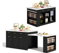 Îlot de cuisine multifonctionnel noir 150+96 cm avec plan de travail en marbre blanc, table extensible et placards intégrés pour cuisines familiales