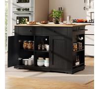 Îlot de cuisine noir avec finition imitation bois. Chariot équipé d'une multiprise et d'un plan de travail.