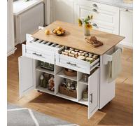 Îlot de cuisine pliable avec plan de travail, tiroir à couverts, étagères réglables, 5 roulettes, en MDF blanc, dimensions 145 x 45–70 x 94,5 cm