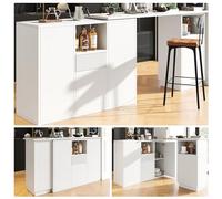 Ilot de cuisine rotatif à 360° - 210 x 30 cm - Aspect marbre - Blanc | Au choix en forme de L ou en ligne droite, avec étagères ouvertes, comptoir de bar flexible pour cuisine et salon