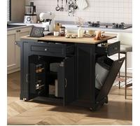 Îlot de cuisine roulant - Memkey - 131,8 x 40-70 x 93,3 cm - Noir/naturel - Plateau extensible, poubelle, USB-C