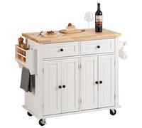 Îlot de cuisine sur roulettes avec plateau en bois massif, largeur 90 cm. Chariots mobiles avec armoire de rangement, table de cuisine sur roulettes avec étagère à épices, porte-serviettes et tiroir. 