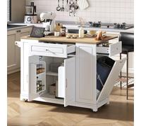 Îlot de Cuisine sur Roulettes Blanc avec Plateau Repas Extensible, Buffet Central avec Tiroirs Multifonctionnels et Intégration Poubelle