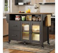 Îlot de cuisine sur roulettes noir – Chariot de cuisine et meuble de cuisine avec vitrine, éclairage LED et porte-serviettes, plan de travail imitation bois