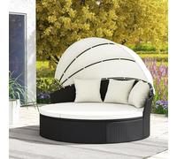 Îlot de détente avec coussins, pare-soleil pliable, tonnelle de jardin en rotin, ensemble de transats d'extérieur pour 2 à 3 personnes, salon de jardin pour terrasse (blanc)