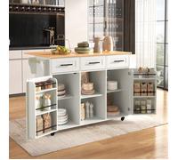 Îlot e Cuisine Desserte vec Grand Plateau, 4 Tiroirs, Meuble de Rangement avec Étagères Réglables et Porte-Épices, Blanc