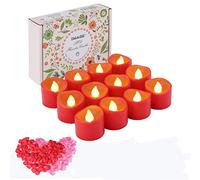 IMAGE Lot de 12 bougies chauffe-plat LED rouges avec minuterie 6 heures et 18 heures - Bougies chauffe-plat électriques vacillantes avec 100 pétales de rose - Décoration de Saint-Valentin, jaune chaud