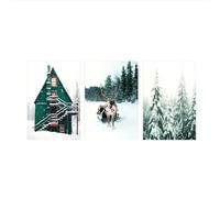 Images Murales-Affiche sur Toile Représentant une Forêt D'Hiver Avec Des Rennes et une Cabane en Rondins Enneigée Idéale pour Décorer une Chambre un Salon Ou un Couloir-40*50cm*3PCS (Non encadré)