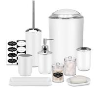 IMAVO Ensemble d'accessoires de Salle de Bain - 8 pièces - Blanc - avec Poubelle, Distributeur de Savon, Porte-Savon, Porte-Brosse à Dents, gobelet à Brosse à Dents, Porte-Brosse de Toilette,