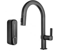 Imex - Robinet de cuisine amovible noir mat avec 2 modes de jet et doseur de savon - Mitigeur d'évier avec bec haut - Pulvérisateur amovible et double jet