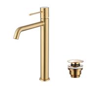 Imex - Robinet mitigeur avec bec haut pour lavabo avec technologie d'ouverture à froid - Mitigeur haut pour lavabo sur plan de travail - Type bol - Robinetterie moderne, valve incluse - Or brossé PVD