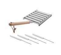 IMIKEYA Grille de Barbecue Inox Détachable avec Rouleaux pour Hot-dogs, Poignée Bois, Set 5 Pièces, Accessoire Camping Jardin pour Cuisson Uniforme en Extérieur