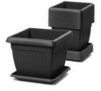 IMJ-Global Lot de 10 pots et soucoupes carrés, sol en plastique, 15 x 15 x 13 cm, intérieur extérieur, couleur noir, design classique