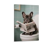 Impression 3D Bouledogue Français lisant des journaux Art mural de salle de bain assis sur les toilettes Impression sur toile Animaux abstraits drôles Posters d'humour Décoration de maison 30x45cm