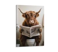 Impression 3D - Impressions sur toile avec animaux abstraits amusants et humoristiques - Impression sur toile de peintures à thème animaux des Highlands lisant des journaux assis sur des toilettes
