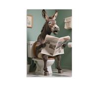 Impression 3D sur toile avec motif âne lisant un journal assis sur des toilettes - Décoration murale d'intérieur - 40 x 60 cm