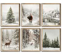 Impression murale de Noël vintage, affiches rustiques pour vacances d'hiver, Père Noël, rennes et œuvres d'art du village des neiges, décorations de Noël classiques de style cabane