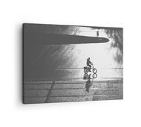 Impression sur Toile 70x50cm Tableaux Image Noir Et Blanc Cycliste Solitude