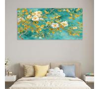 Impression sur Toile d'intérieur Peinture Huile Aquarelle 120 x 80 cm | Peinture sur toile Arbre Fleurs Blanches Feuilles, Encadrée Art Mural sur Toile pour Salon Chambre Principale Chambre Hôtel