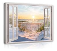 Impression sur Toile Fenêtre Plage Mer 3D Effet 100x75 cm XXL Tableau Décoration Murale Intissée pour Salon Chambre pret a accroche
