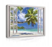 Impression sur Toile Fenêtre Plage Mer Palmiers 100x75 cm XXL Tableau Décoration Murale Intissée pour Salon Chambre pret a accroche