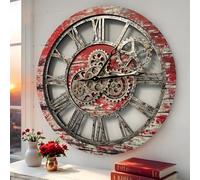 ImprovingLife The Original Real Moving Gear Horloge murale vintage industrielle surdimensionnée rustique rustique (24 in / 60 cm), lave rouge