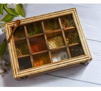 India House - Masala Dabba Indian Wooden Spice Box with Glass Top and Spoon (12x9 inch)