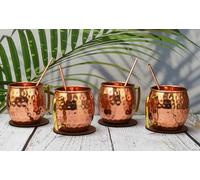 India House - Moscow Mule Set of 4 Cocktail Cups - 100% Copper with Brass Handle - Copper Drinkware - (Set of 4 Hammered Cups - Brass Handle (4 Coasters, 4 Straw free))