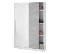 Indira Armoire 2 portes coulissantes avec étagères et tringle 200 x 120 x 50 cm (H x l x P) Blanc « Artik » et Ciment