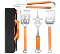 Indrnif Ensemble d'ustensiles de barbecue en acier inoxydable (4 pièces) avec pinces, spatule, fourchette à viande et manches en bois, accessoires pour barbecue extra longs, cadeau pour homme