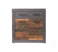 INDY - Meuble chambre. Commode avec 2 tiroirs en mélaminé coloris gris ciment portes bois effet vieilli . L - H - P : 82 - 86 -